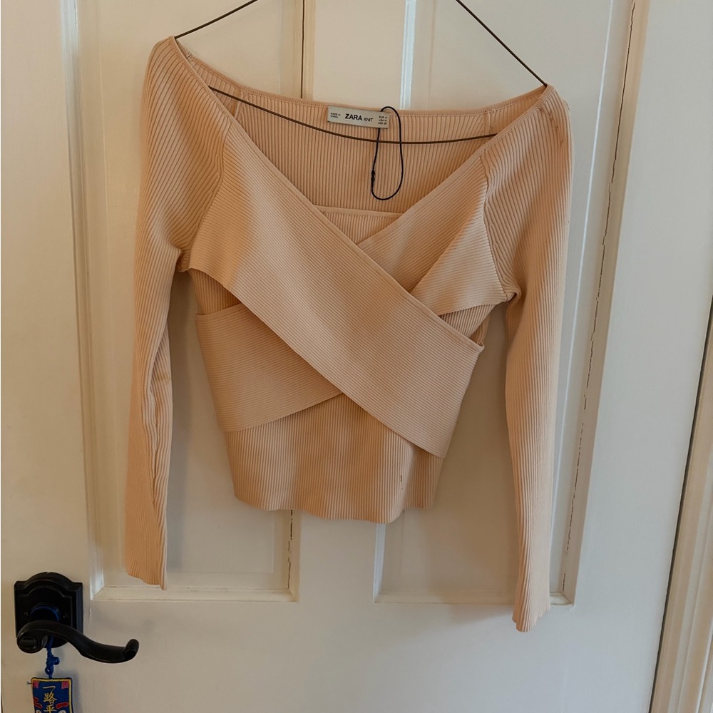 Zara Neutral Beige Ribbed Wrap Cropped Top